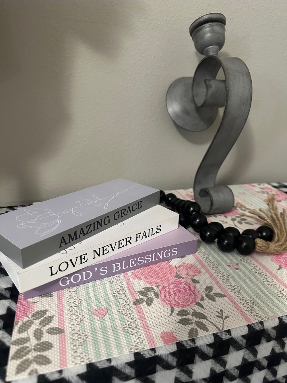 3 Faith-Inspired Decorative Blocks, Gray wall sconce and black beaded decoration